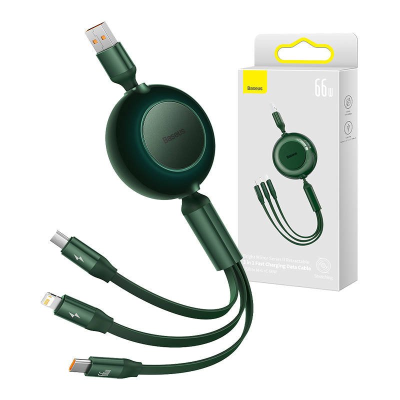 Baseus Bright Mirror 3, micro USB / USB-C / Lightning 66 W / 2A 1,1 m ilgio USB 3-in-1 kabelis (žalias)