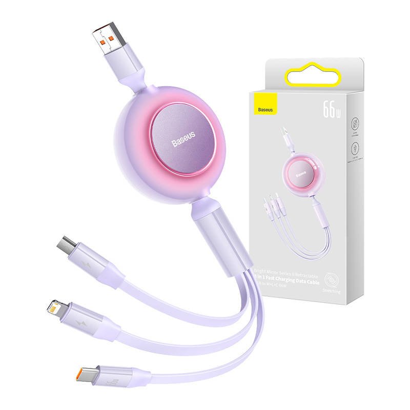 Baseus Bright Mirror 3, micro USB / USB-C / Lightning 66 W / 2A 1,1 m ilgio USB 3-in-1 kabelis (violetinis)