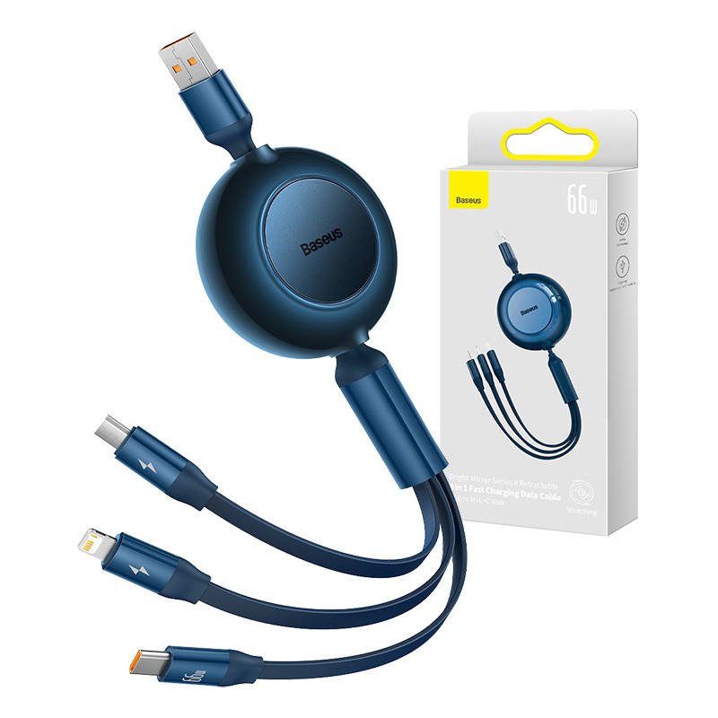 Baseus Bright Mirror 3, micro USB / USB-C / Lightning 66W / 2A 1,1 m USB 3-in-1 kabelis (mėlynas)