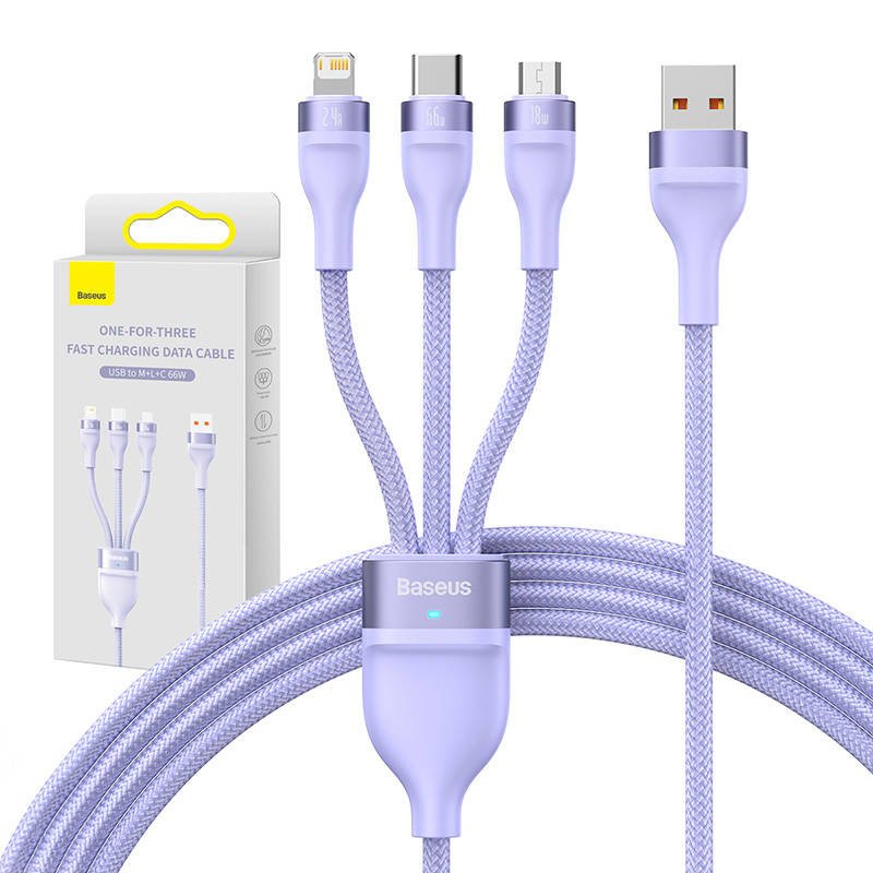 3v1 USB kabelis Baseus Flash II serijos, USB-C + micro USB + Lightning, 66 W, 1,2 m (violetinis)
