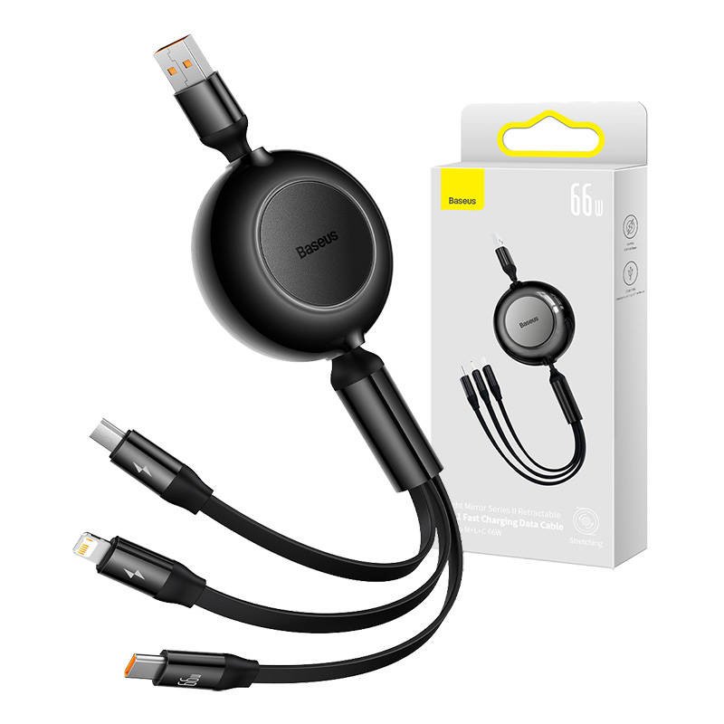 Baseus Bright Mirror 3, micro USB / USB-C / Lightning 66 W / 2A 1,1 m ilgio USB 3-in-1 kabelis (juodas)