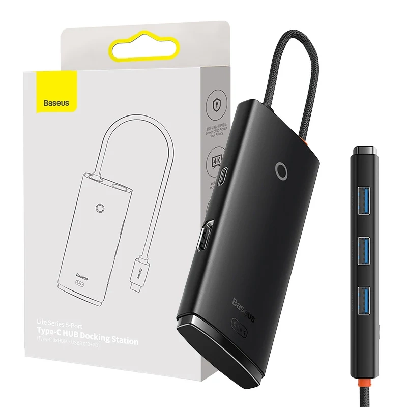 Baseus Lite Series Hub 5w1 USB-C į 3x USB 3.0 + USB-C + HDMI (juodas)