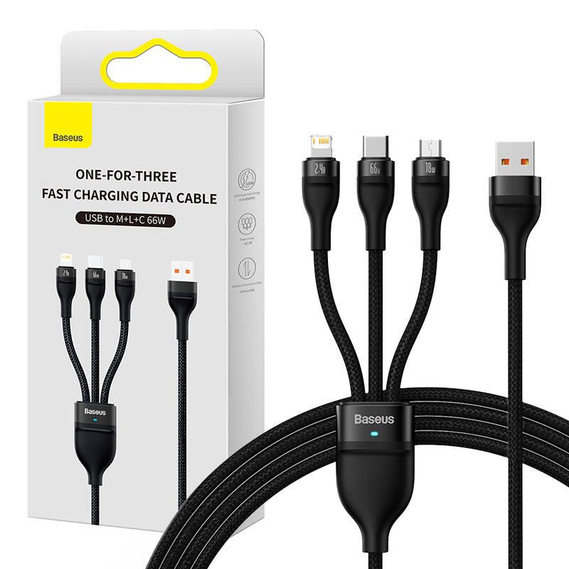 3in1 USB kabelis Baseus Flash II serijos, USB-C + micro USB + Lightning, 66 W, 1,2 m (juodas)