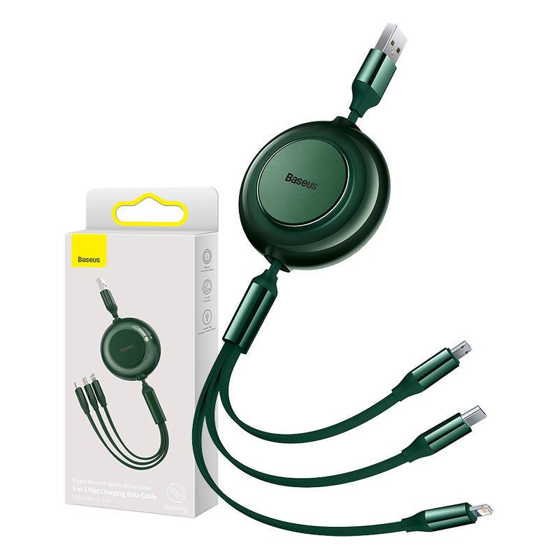 Baseus Bright Mirror 2, USB 3-in-1 kabelis, skirtas micro USB / USB-C / Lightning 3,5 A 1,1 m (žalias)