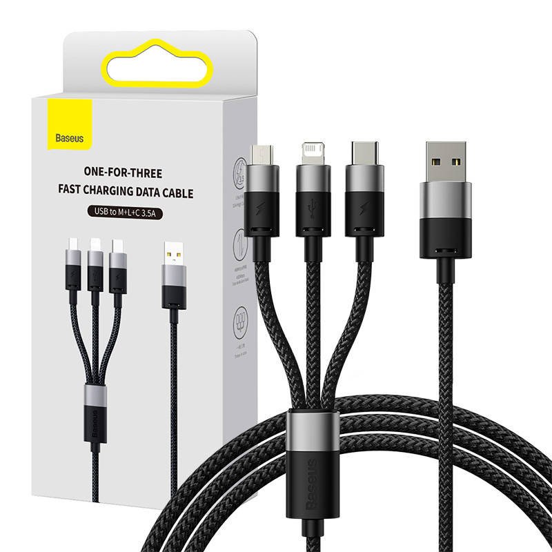 Greitojo įkrovimo USB jungtis su M+L+C Baseus StarSpeed 3,5 A 0,6 m (juoda)
