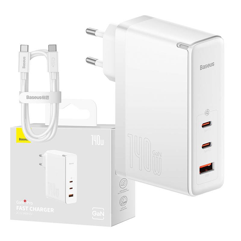 Sieninis įkroviklis Baseus GaN5 Pro 2xUSB-C + USB, 140 W (baltas)