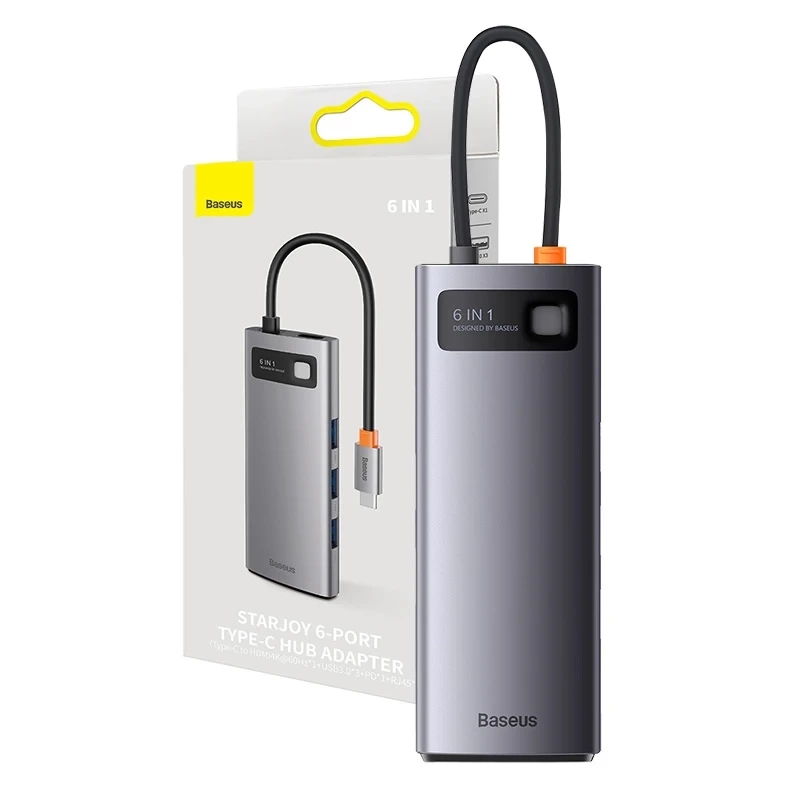 Hub 6in1 Baseus StarJoy Series, USB-C į 3x USB 3.0 + HDMI + USB-C PD + RJ45