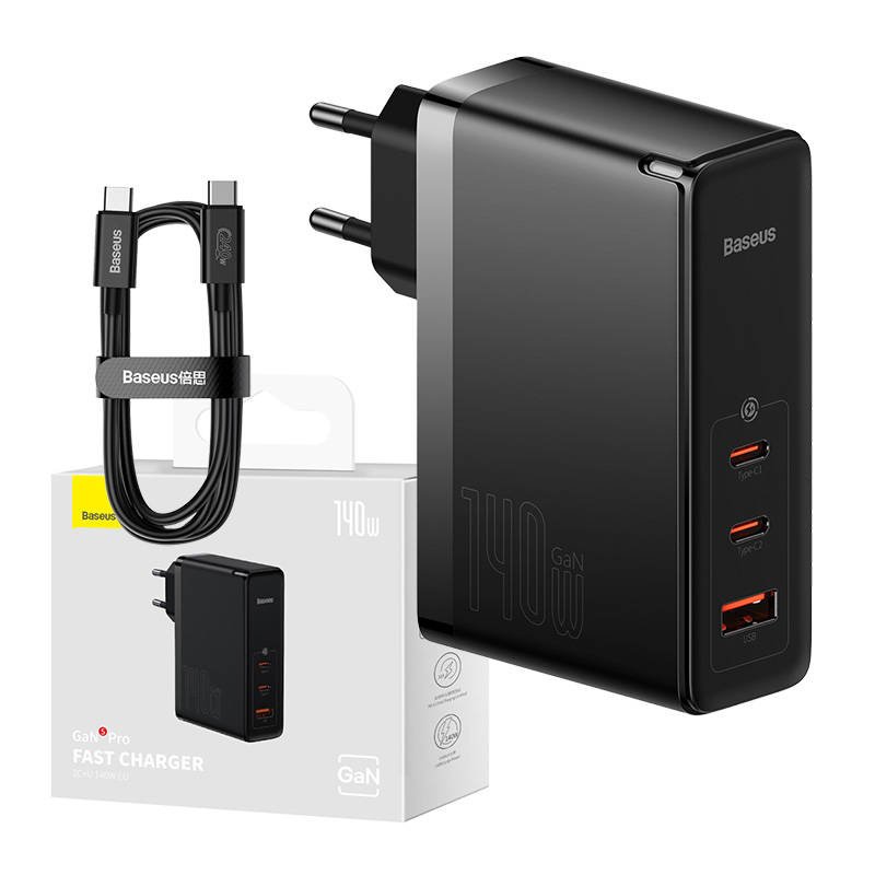 Sieninis įkroviklis Baseus GaN5 Pro 2xUSB-C + USB, 140 W (juodas)