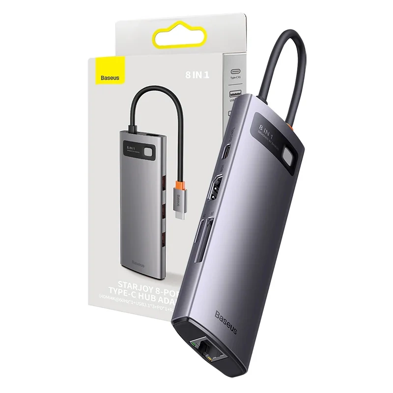 Hub 8in1 Baseus StarJoy Series, USB-C į 3x USB 3.1 + HDMI + USB-C PD + RJ45 + microSD/SD