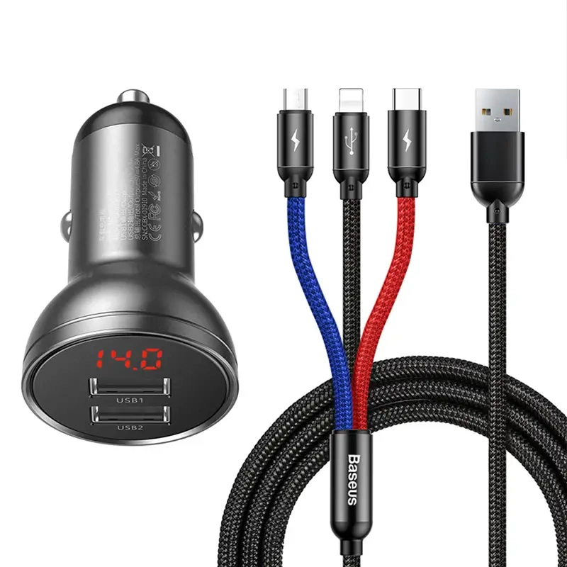 Automobilinis įkroviklis Baseus su ekranu 24W + kabelis USB 3w1 Baseus Three Primary Colors 1,2m