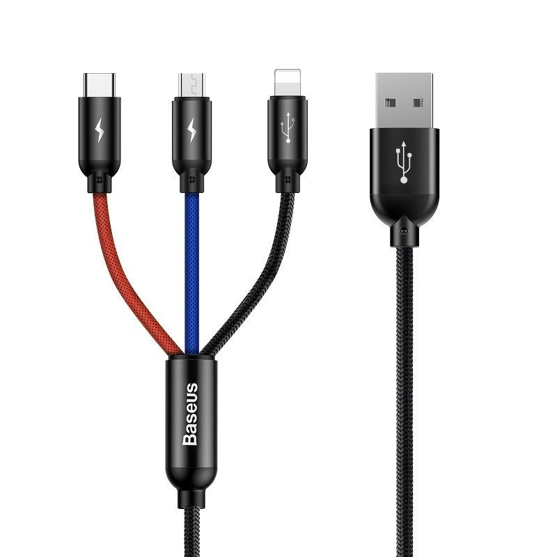 Baseus greitasis USB kabelis 3in1 C tipo / Lightning / Micro 3A 1,2 m - juodas