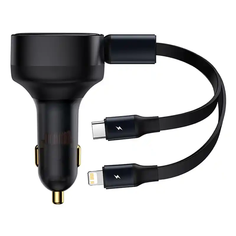 Automobilinis įkroviklis Baseus Enjoyment su laidu USB-C + Lightning 3A, 30 W (juodas)