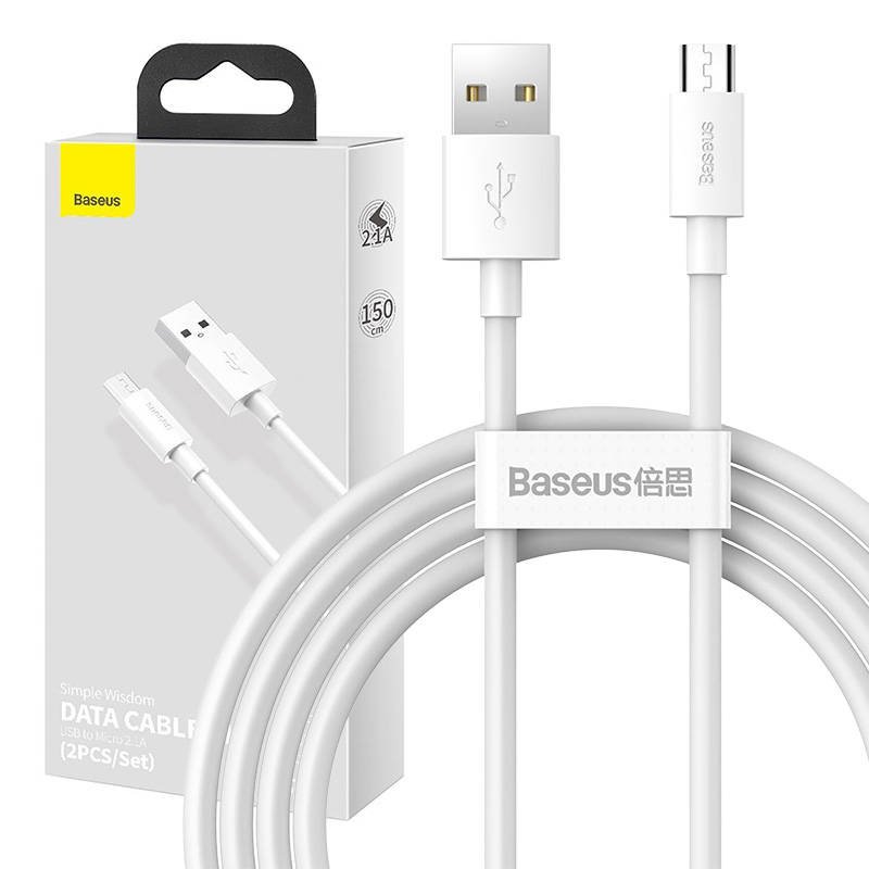 Baseus Simple Wisdom duomenų perdavimo kabelio rinkinys USB-Mikro 2.1A (2 vnt. / rinkinys) 1,5 m, baltas