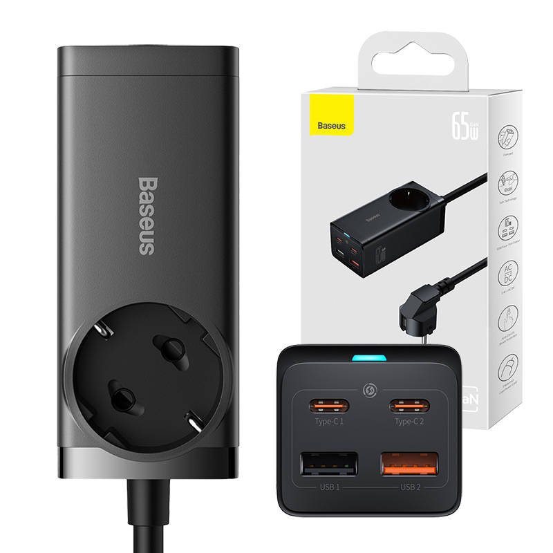 Baseus GaN3 Pro sieninis įkroviklis / maitinimo juosta 2xUSB + 2xUSB-C + AC, 65 W