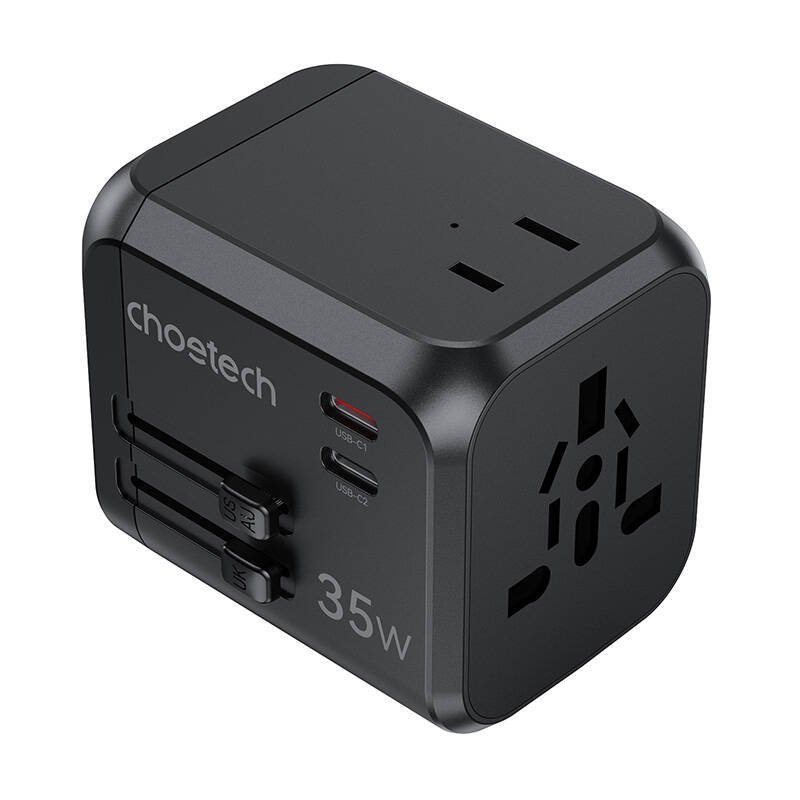 Choetech PD5008 kelioninis įkroviklis, 3xUSB-A, 2xUSB-C, GaN, 35W, US/EU/UK/AU (juodas)