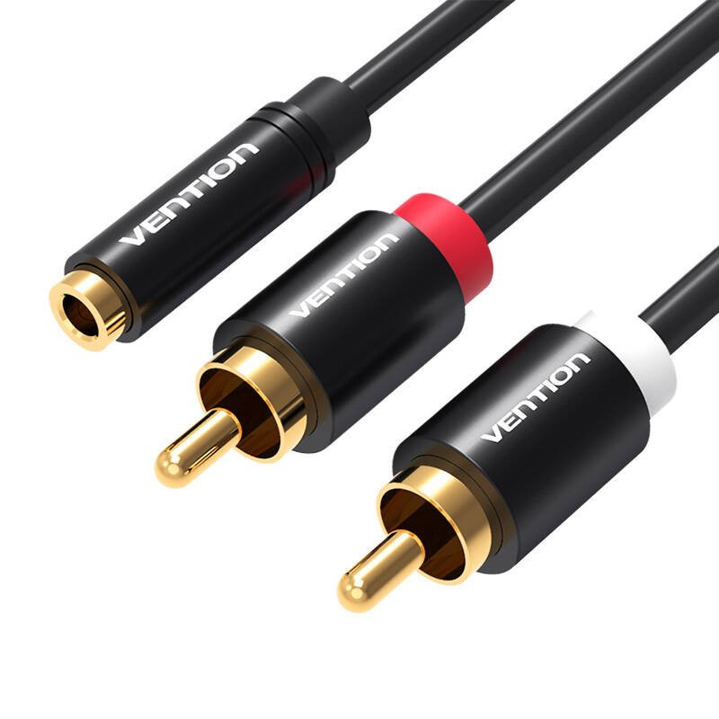 Audio kabelis 3,5 mm female su 2x RCA male lyties Vention VAB-R01-B200 2 m juodas