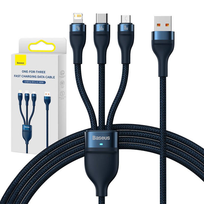 3in1 USB laidas Baseus USB 3in1 Baseus Flash Series, USB-C + Micro + Lightning 66W, 1,2 m (mėlynas)