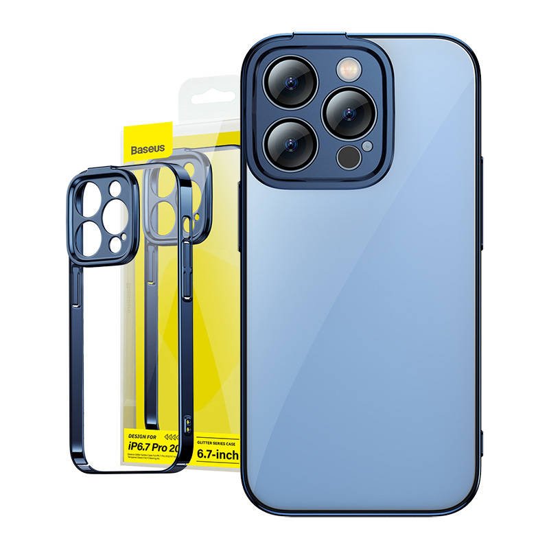 Baseus blizgantis skaidrus dėklas ir grūdinto stiklo rinkinys iPhone 14 Pro Max (mėlynas)