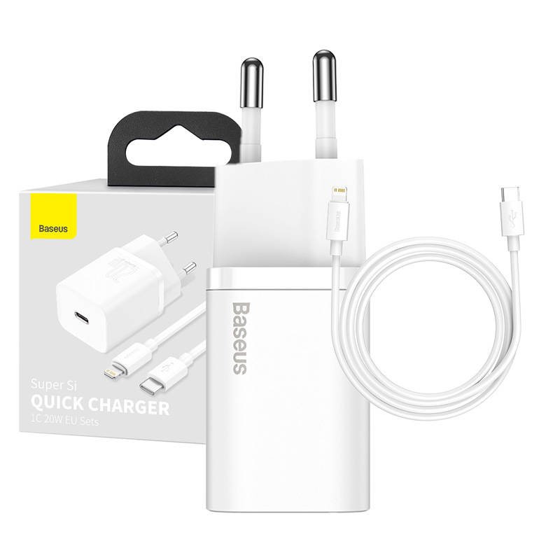Baseus Super Si greitasis įkroviklis 1C 20W su Lightning USB-C kabeliu 1 m (baltas)