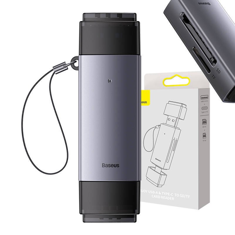 Baseus Lite Series SD/TF atminties kortelės skaitytuvas, USB + USB-C (pilkas)