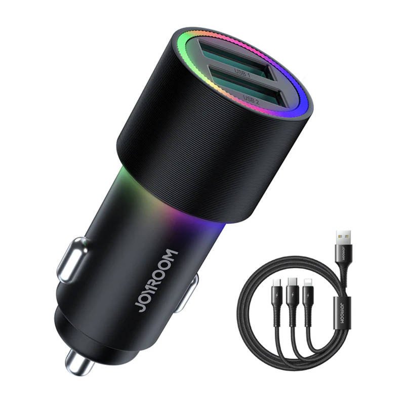 Automobilinis įkroviklis Joyroom JR-CL10, 2x USB, 4,8A + kabelis 3in1 (juodas)