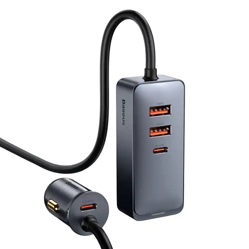 Automobilinis įkroviklis Baseus Share Together su ilgintuvu, 2x USB, 2x USB-C, 120 W (pilkas)