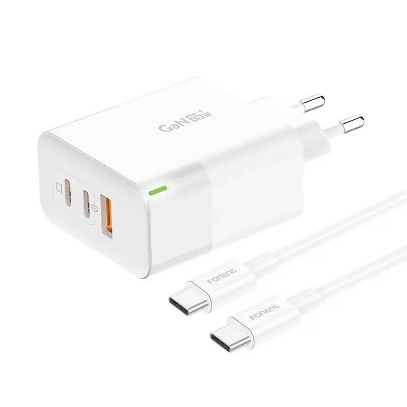 Įkroviklis Foneng GAN65 USB-A, 2x USB-C GaN 65W su USB-C kabeliu