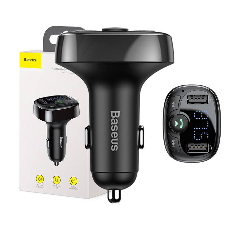 Baseus FM siųstuvas T formos, Bluetooth, 2xUSB, microSD (juodas)