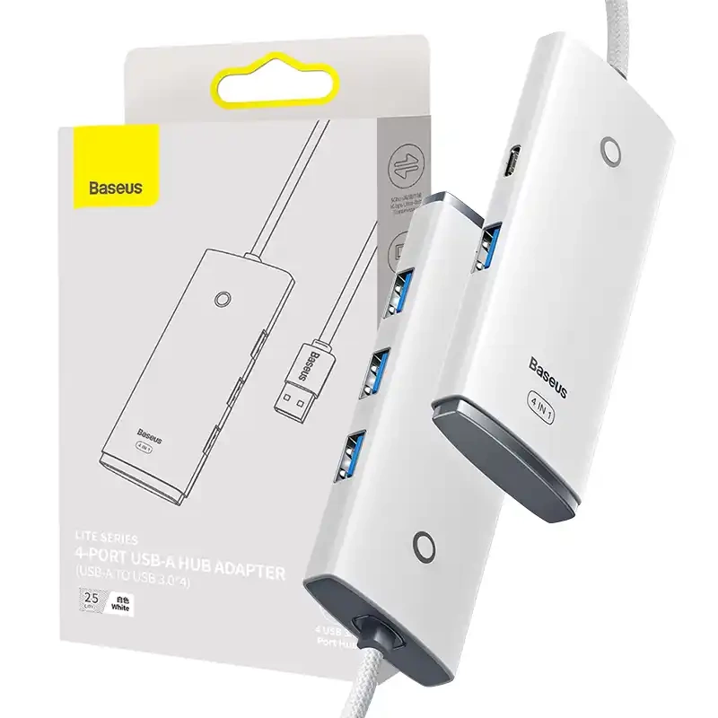Baseus Lite Series Hub 4in1 USB į 4x USB 3.0, 25cm (baltas)