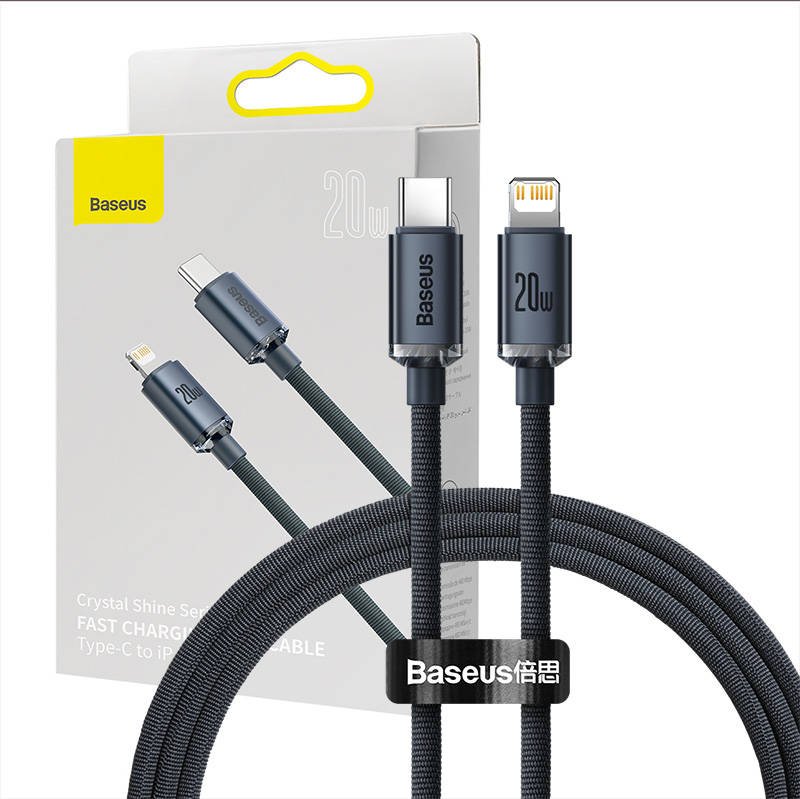 Baseus Crystal kabelis USB-C į Lightning, 20 W, PD, 1,2 m (juodas)