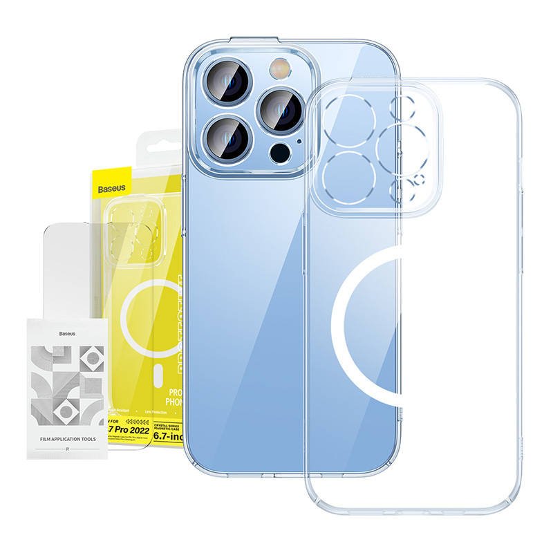 Baseus Crystal skaidrus magnetinis dėklas ir grūdinto stiklo rinkinys, skirtas iPhone 14 Pro Max