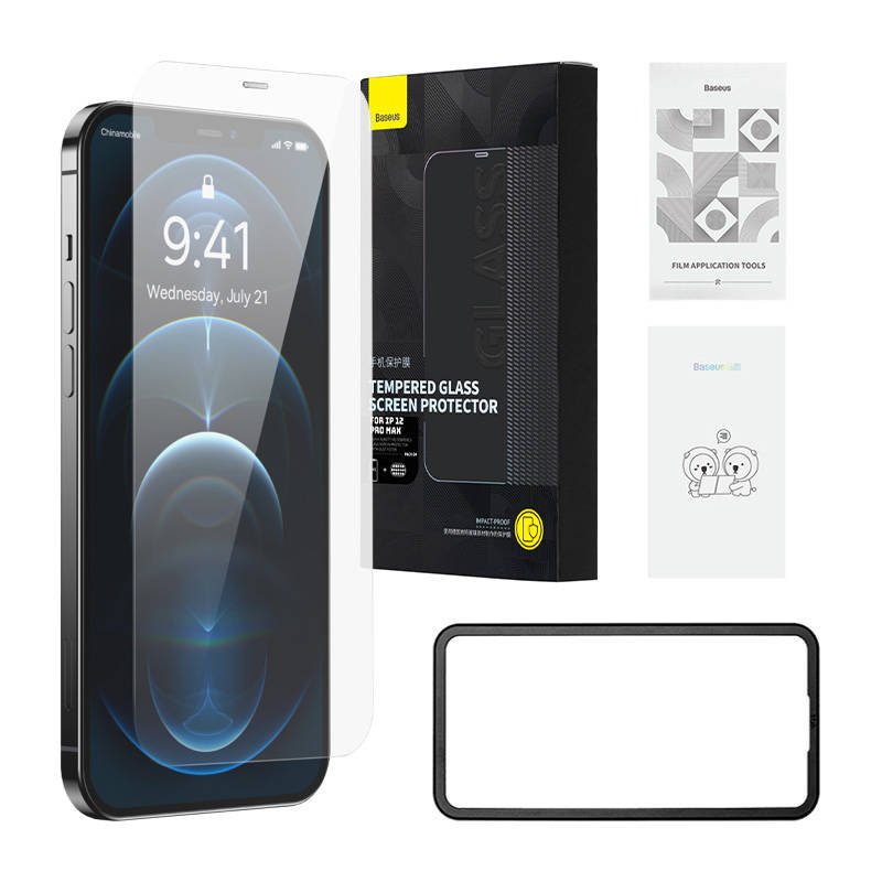 Baseus Schott HD grūdintas stiklas su 0,3 mm dulkių filtru, skirtas iPhone 12 Pro Max