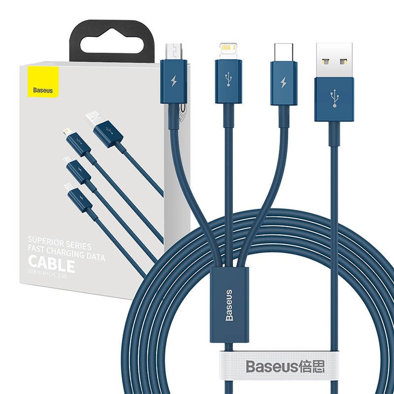 USB kabelis 3in1 Baseus Superior Series, USB į micro USB / USB-C / Lightning, 3,5 A, 1,5 m (mėlynas)