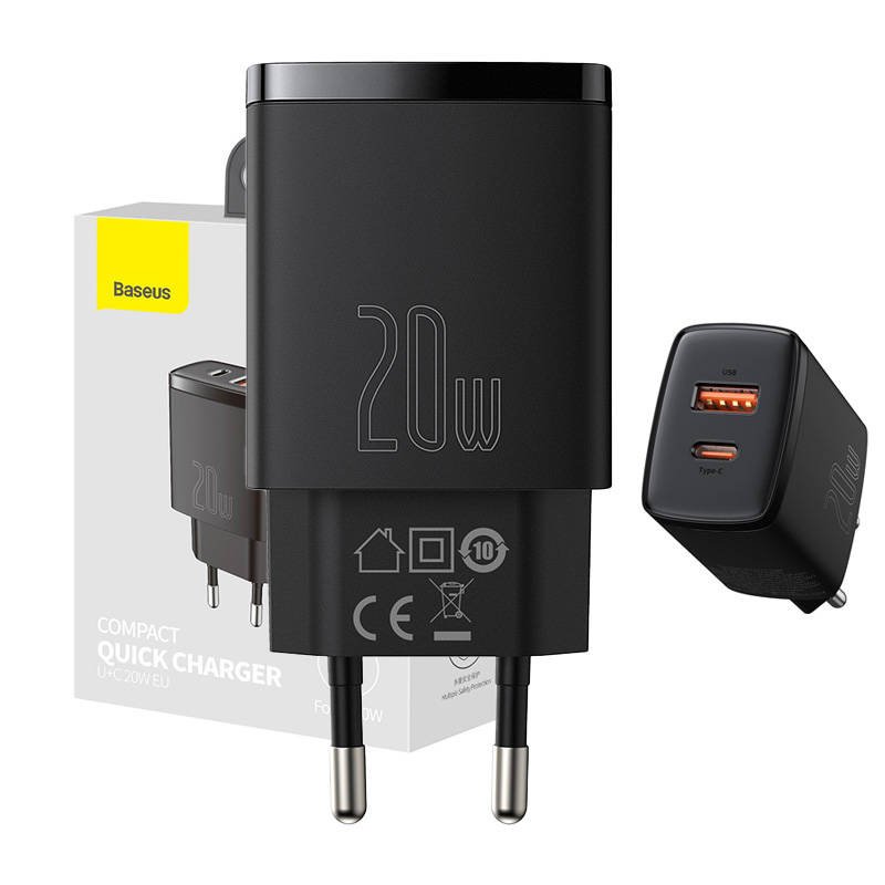 Baseus kompaktiškas greitasis įkroviklis, USB, USB-C, 20W (juodas)