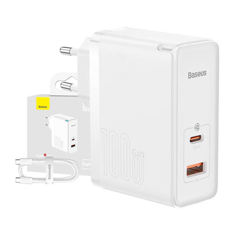 Sieninis įkroviklis Baseus GaN5 Pro USB-C + USB, 100 W + 1 m kabelis (baltas)