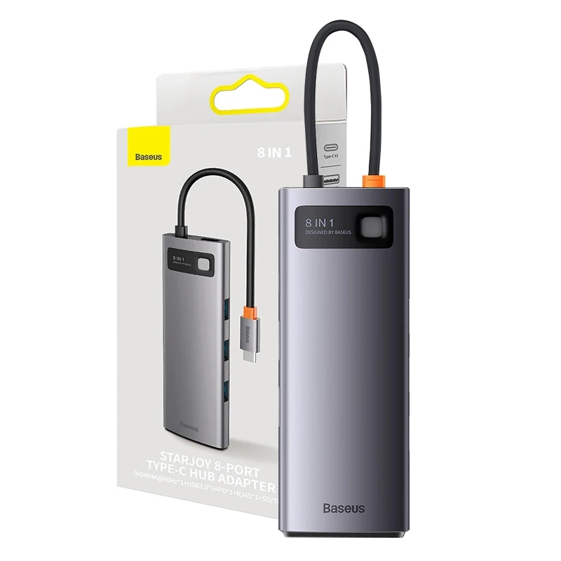 Hub 8w1 Baseus StarJoy Metal Glam Series, USB-C į HDMI + 3 x USB 3.0 + USB-C PD + RJ45 + SD/TF