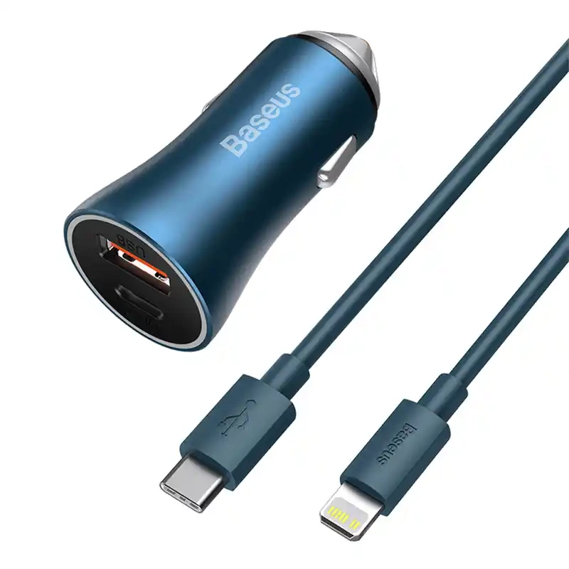 Baseus Golden Contactor Pro automobilinis įkroviklis, USB + USB-C, QC4.0+, PD, SCP, 40 W (mėlynas) + USB-C - Lightning kabelis, 1 m (mėlynas)
