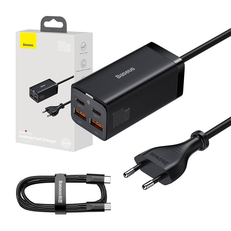 Sieninis įkroviklis Baseus GaN3 Pro, 2xUSB-C + 2xUSB, 100 W (juodas)
