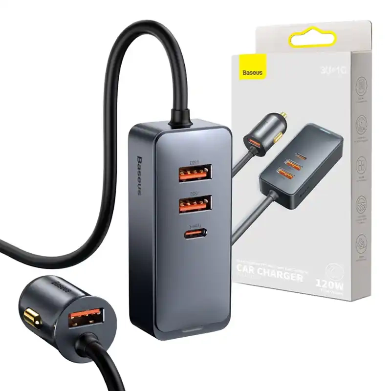 Automobilinis įkroviklis Baseus Share Together su ilgintuvu, 3x USB, USB-C, 120 W (pilkas)