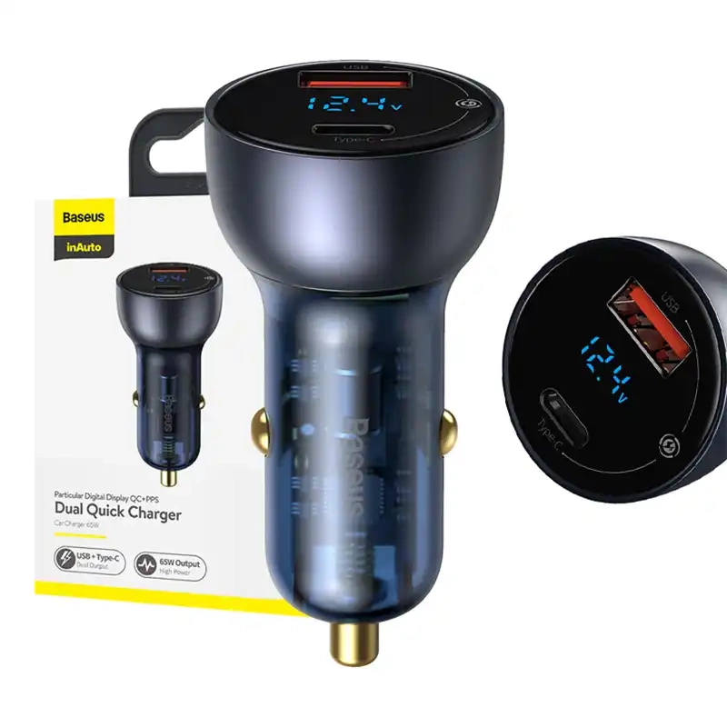 Baseus Particular Digital Display automobilinis įkroviklis su ekranu, USB + USB-C, QC3.0+PD, 5A, 65W (pilkas)