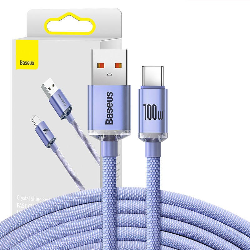 Baseus Crystal Shine USB ir USB-C kabelis, 100 W, 2 m (violetinis)