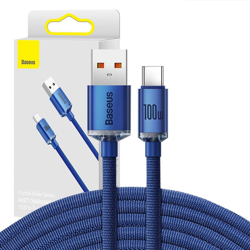 Baseus Crystal Shine USB ir USB-C kabelis, 100 W, 2 m (mėlynas)