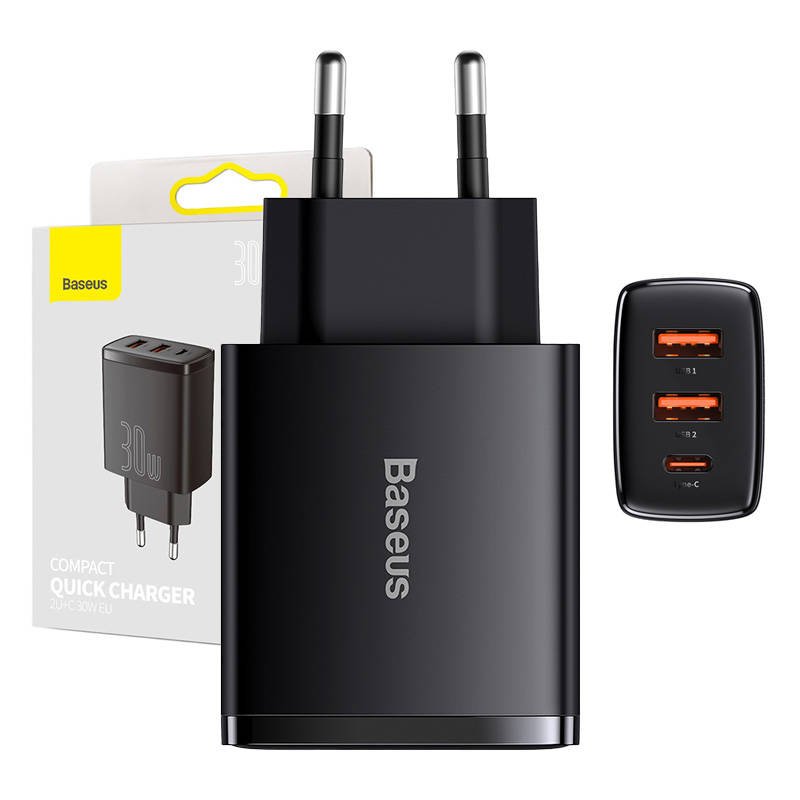Įkroviklis Baseus Compact Quick Charger, 2xUSB, USB-C, PD, 3A, 30W (juodas)