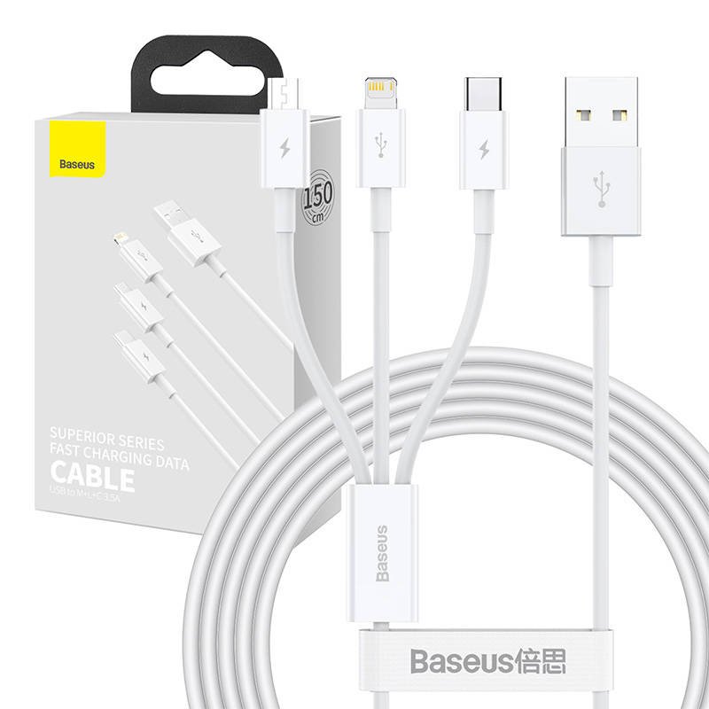USB kabelis 3in1 Baseus Superior Series, USB į micro USB / USB-C / Lightning, 3,5 A, 1,5 m (baltas)