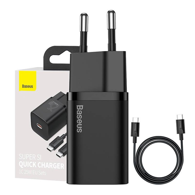 Baseus Super Si greitasis įkroviklis 1C 25W su USB-C kabeliu USB-C 1m (juodas)