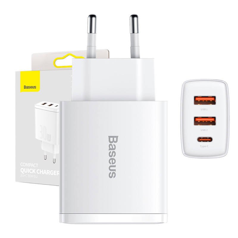 Greitasis įkroviklis Baseus Compact, 2xUSB, USB-C, PD, 3A, 30W (baltas)