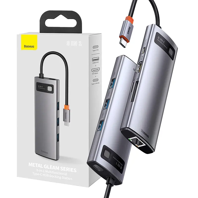Hub 8in1 Baseus Metal Gleam Series, USB-C į 3x USB 3.0 + HDMI + USB-C PD + Ethernet RJ45 + microSD/SD