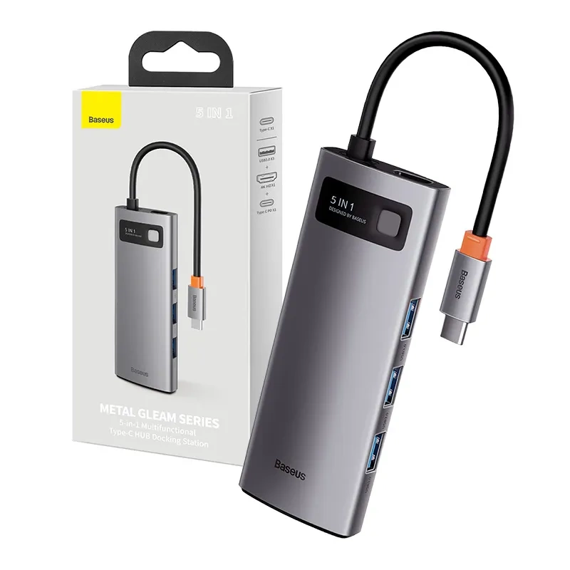 Hub 5in1 Baseus Metal Gleam Series, USB-C į 3x USB 3.0 + HDMI + USB-C PD