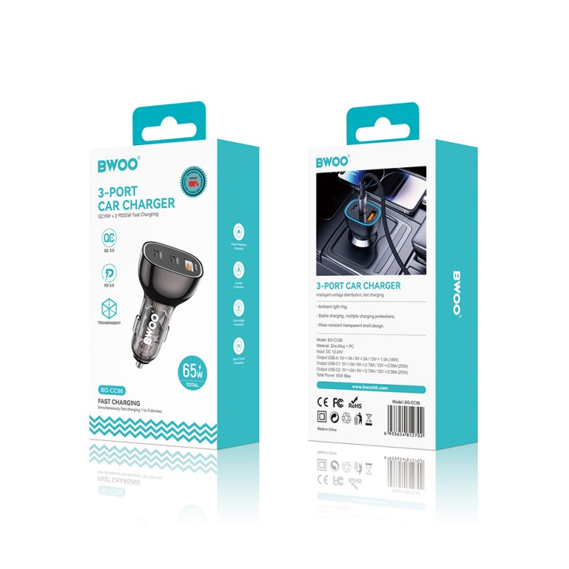 BWOO 68W automobilinis įkroviklis, dvigubas USB-C ir USB prievadas