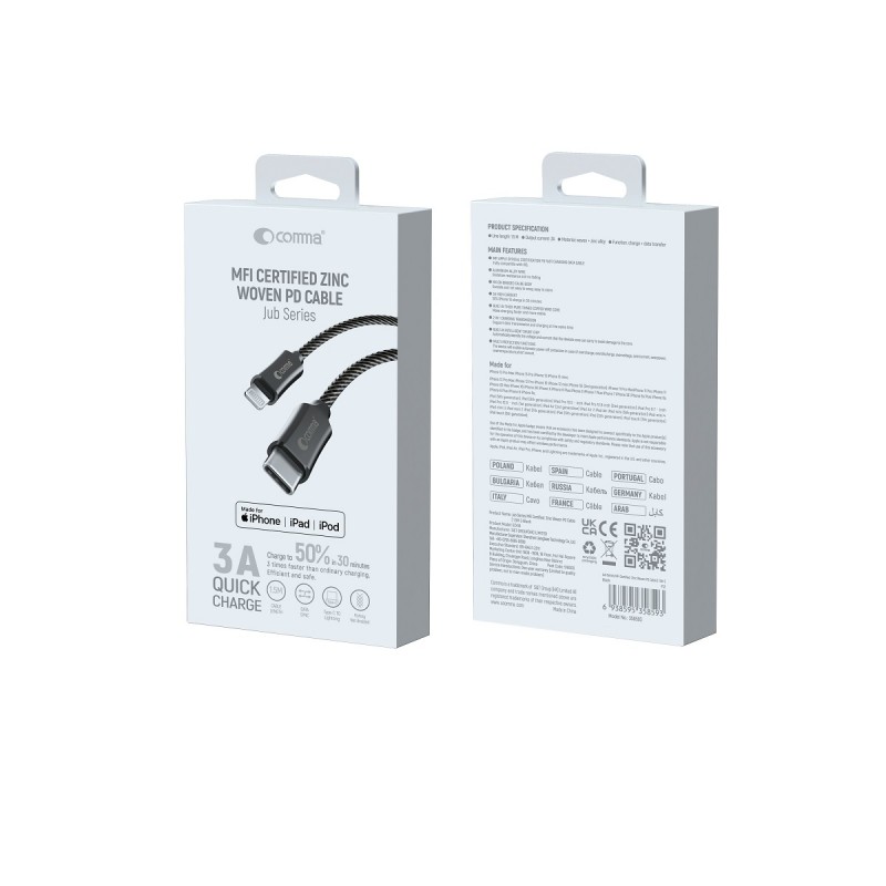 "Comma" kabelis Jub MFi USB-C - Lightning 3A 1,5 m pilkos spalvos